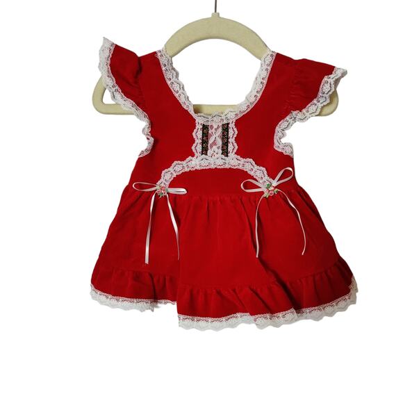 American Vintage Other - Vintage Baby Girls 12 mo Evy of California Lace Trim Corduroy Pinafore Christmas